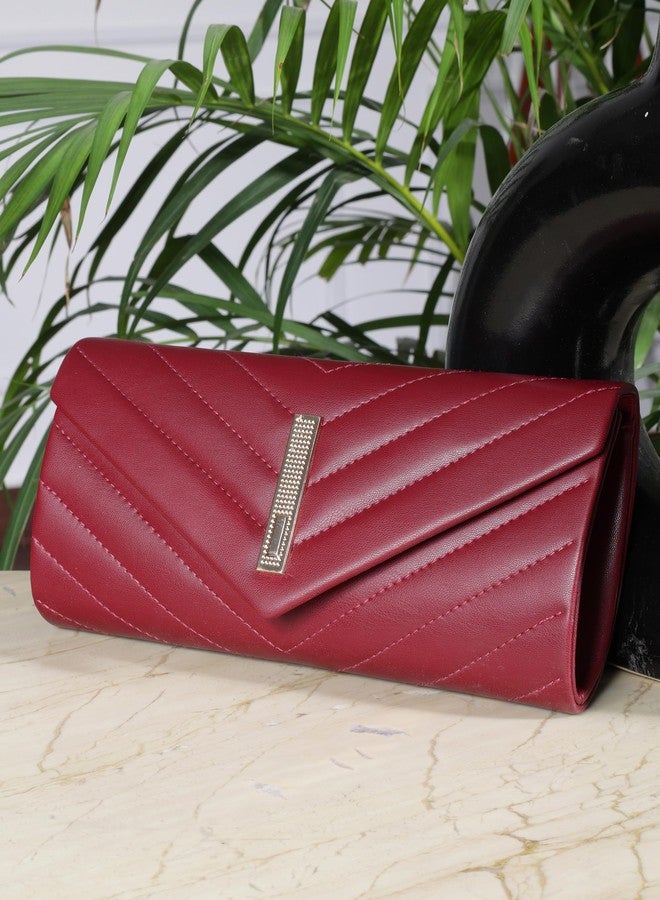ZEVORA Women's Framed Foldover Clutch | Detachable Chain Sling Strap | Ladies Purse Wallet 05A Maroon (24X12 CM) - Image 2